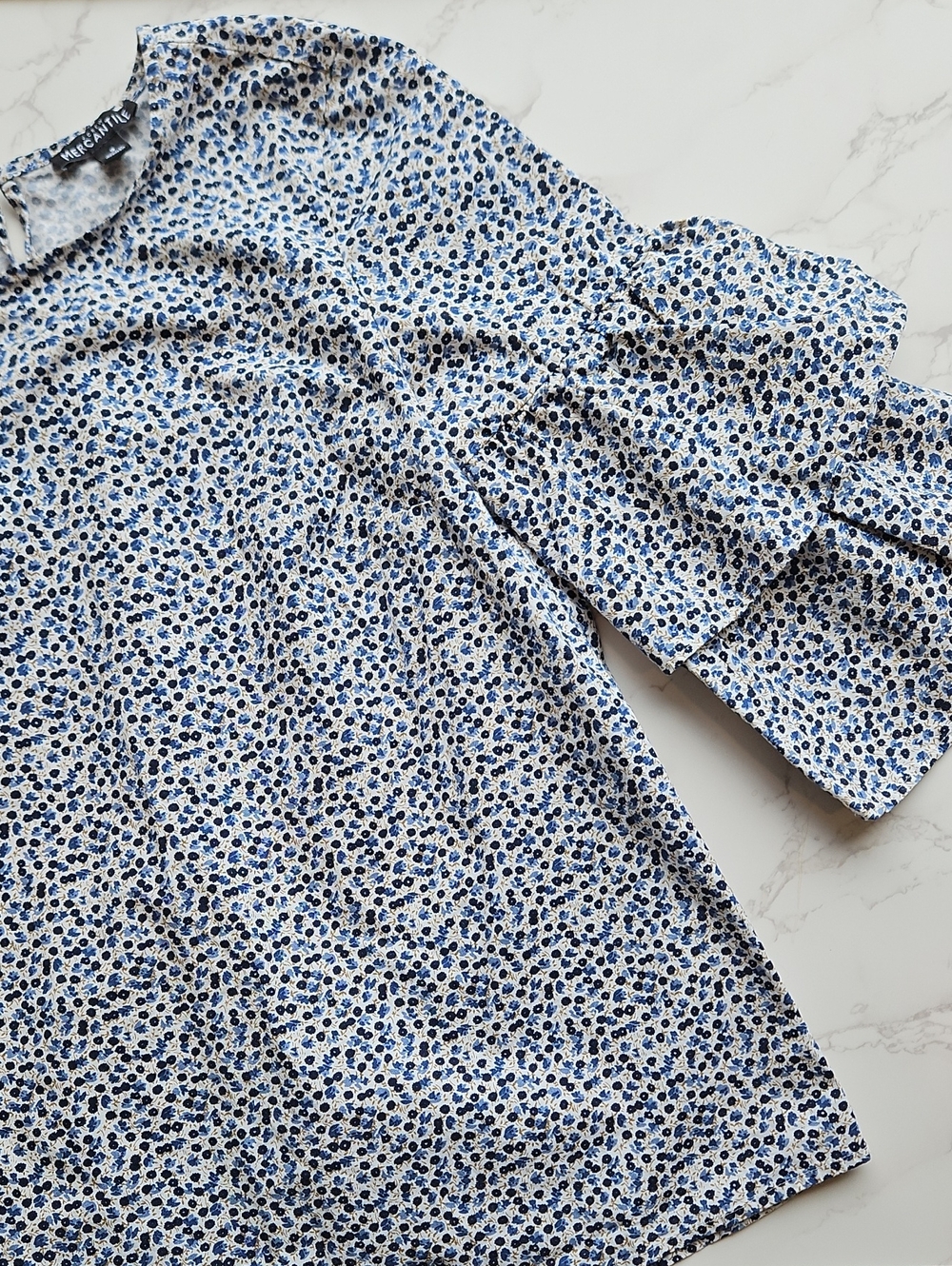 J Crew White and Blue Micro Floral Ruffle Bell Sleeve Top 2